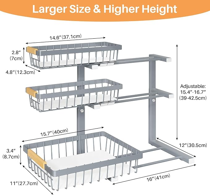 PXRACK Under Sink Organizer, 2-Pack 3-Tier Height Adjustable Thickened Metal Pull out Cabinet Organizer Shelf, Slide out Storage Drawer Rack for Bathroom Kitchen Pantry Home Organization, Grey