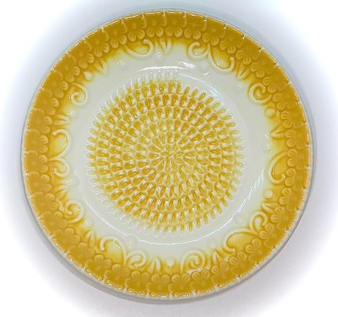 BonCera, All-in-one Premium Ceramic Garlic Grater Plate 4-Piece Set - Yellow Embossed Design and Style - For Garlic, Ginger, Chocolate, and more! - Comes with 5.25" Plate, Peeler, Brush, and Stand