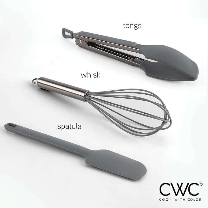 COOK WITH COLOR Stainless Steel Silicone Tipped Kitchen & BBQ Tongs Set, 3 Pc Utensils, Grey