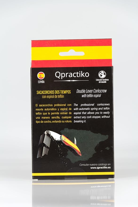 Two-Stroke Corkscrew | Spain Flag Design | Teflon Spiral for Easy Cork Removal | Stainless Steel & ABS Plastic | Professional & Home Use, Black/White