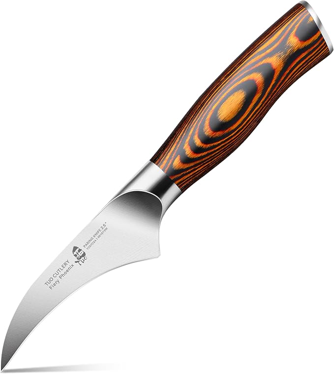 TUO Bird Beak Paring Knife, 2.5 inch Handy Peeling Knife, Curved Small Blade for Fruit & Vegetable, German Stainless Steel, Ergonomic Pakkawood Handle - Fiery Series