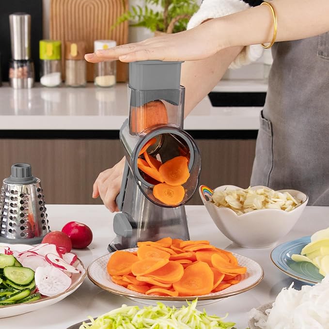 KalraMay Cheese Grater,Rotary Cheese Grater with Handle, Multifunctional Rotary Cheese Shredder Effortlessly Grates Cheese, Vegetables, and Fruits (Gray)