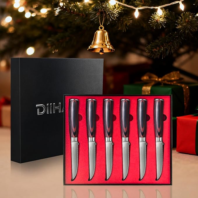 DiiHAUZZ Steak Knives Set of 6, Serrated Steak Knife Set 4.5 Inch, Ultra Sharp Forged High Carbon Stainless Steel Dinner Knife with Ergonomic Pakkawood Handle, Damascus Pattern and Gift Box
