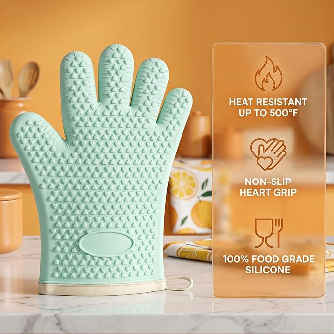 2Pack Heat Resistant Oven Mitts for Grilling and Baking, Non-Slip Silicone Gloves, Waterproof Kitchen Mitts with Flexible Fit & Easy to Clean Design, White