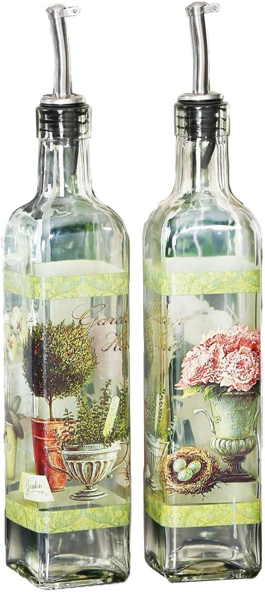 CEDAR HOME Olive Oil Bottle Set Glass Dispenser Vinegar Cruet 17oz. with Stainless Steel Leak Proof Pourer Spout for Cooking or Salad Dressing, 2 Pack, Green