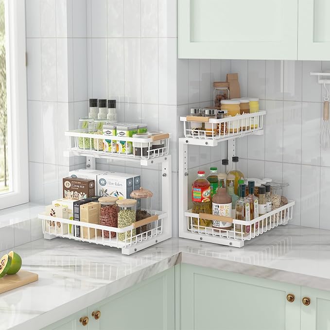 ADRIMER Under Sink Organizer 2 Packs, Pull Out Kitchen Sink Organizer, 2 Tier Slide Out Kitchen Organizers and Storage Bathroom Under Cabinet Storage Shelf, White