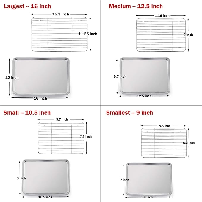 P&P CHEF 16 + 12.5 + 10.4 + 9 Inch Baking Sheet & Rack, Pan and Wire Rack | 8 Pcs (4x Cookie Sheets + 4x Cooling Racks), 4 Sizes, Stainless Steel Oven Pans Trays with Wire Racks, Oven & Dishwasher Safe