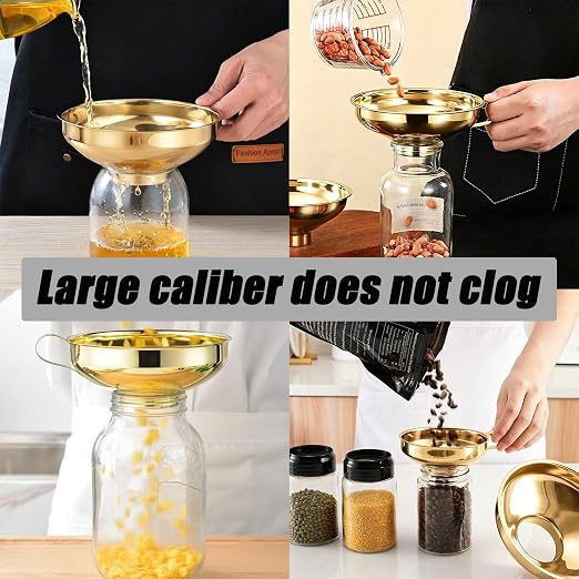 Gold Stainless Steel Canning Funnel Set, Wide Mouth Funnel Large Metal Funnels, Kitchen Use Canning Supplies for Transferring Liquid Power Jam Grains Dry Wet Ingredients