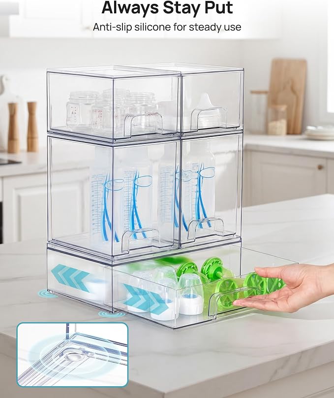 Vtopmart Clear Stackable Storage Drawers Set of 9, Plastic Organizer Bins | Multi-purpose Boxes for Baby Bottle Storage, Ideal for Kichen, Vanity, Bathroom, Undersink, Cabinet, Pantry Organization