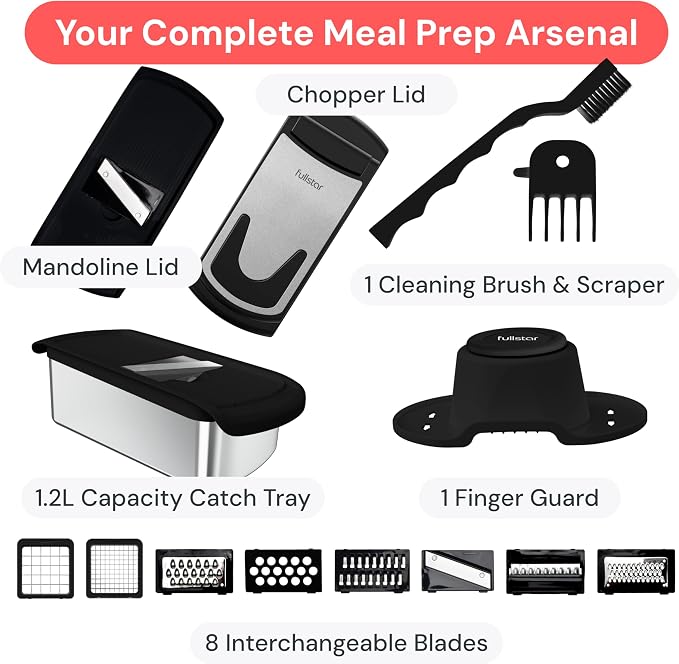 Fullstar Pro Original Vegetable Chopper & Mandoline - Chopper & Mandoline Lids - Food Chopper with Container, Fruit Slicer, Onion Dicer - All-in-One Prep Tool - Kitchen Gadgets & Gifts (8 in 1, Steel)