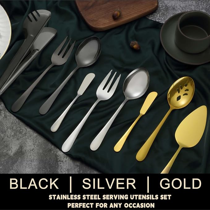 BEWOS Gold Serving Utensils, 20-Piece Serving Utensils set, Gold Serving Spoons, Slotted Spoons, Tongs, Forks, Cake Server, Butter Knife, Stainless Steel Serving Utensils for Parties, Dishwasher Safe