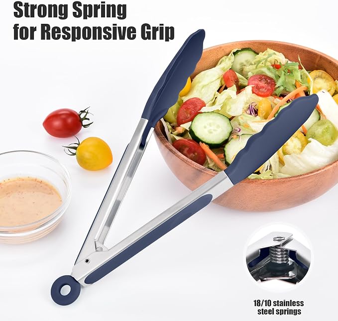 Doosu Kitchen Tongs for Cooking - 600°F Heat Resistant Food Tong Set with Non-Scratch Silicone Tips, Heavy Duty Stainless Steel Locking Tong for BBQ, Grilling Steak, Serving Salad (9+12in, Navy Blue)