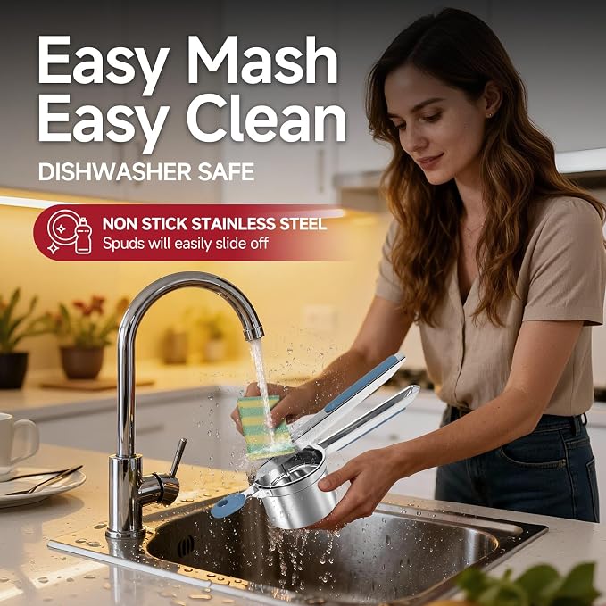 Potato Ricer for Mashed Potatoes-Stainless Steel 15oz | Large Capacity,All Clad,Heavy Duty,Ergonomic Handle for Spaetzle,Oranges, Lemons, Pumpkins, Carrots, Avocados(BLUE)