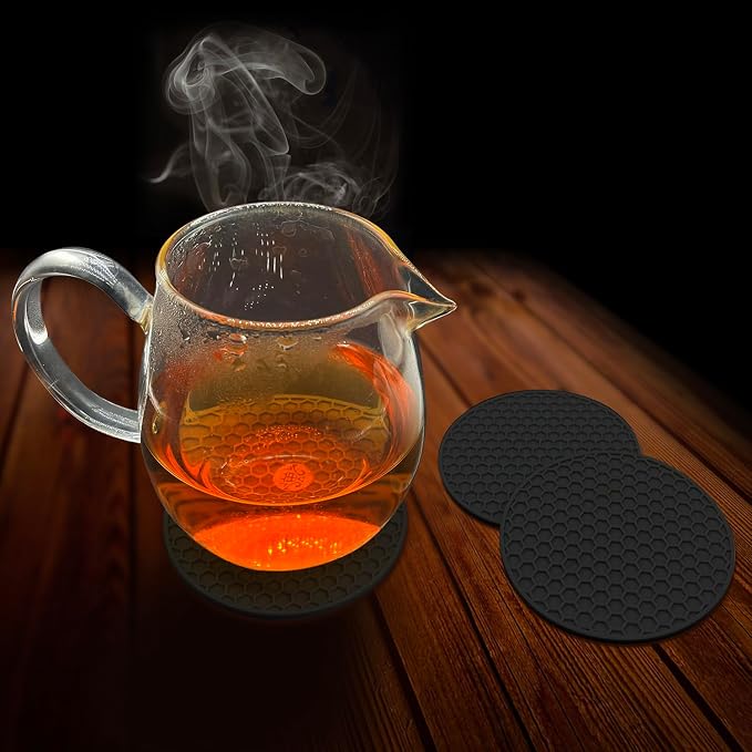 Silicone Non-Slip, Heat Resistant & Water-Trapping Trivet Mats for Water Glasses & Teacup & Coffee Cup & Dishes & Cookware, Multipurpose Kitchen Table Coaster, 3.5-Inch, 3 Pcs, Black