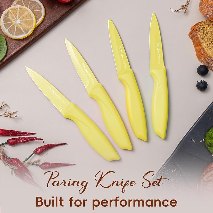 Paring Knife set, 4-piece set of 3.5-inch yellow knives. | Straight blade with pointed tip design PP plastic ergonomic handle Specifically designed for cutting fruits and vegetables