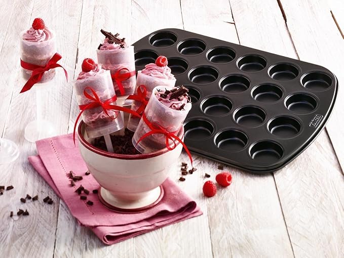 Everyday Baking Prochef Teflon Non-Stick Premium Coated 24 Mini Cup Muffin Tray - Length 38cm x Width 26cm Carbon Steel for Muffins or Cupcakes - Black