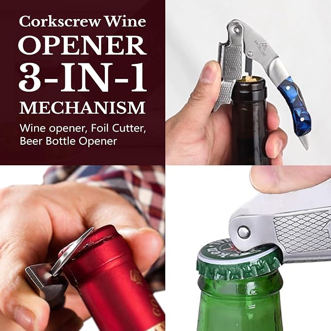 Waiters Corkscrew Wine Opener - Double-Hinged Fulcrum 3-In-1 Cork Screw Wine Bottle Opener Heavy Duty Stainless Steel & Sapphire Resin. Serrated Foil Cutter. Beer Opener. Magnetic Gift Box