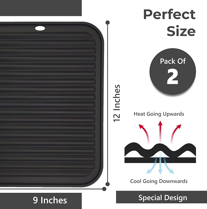 Silicone Trivets for Hot Dishes, Pots, Pans (2 Pack) - Heat-Resistant Pot Holders for Kitchen Countertop Mats - Silicone Trivet Mat (9 x 12 Inch) - Multipurpose Counter Pads (Black)