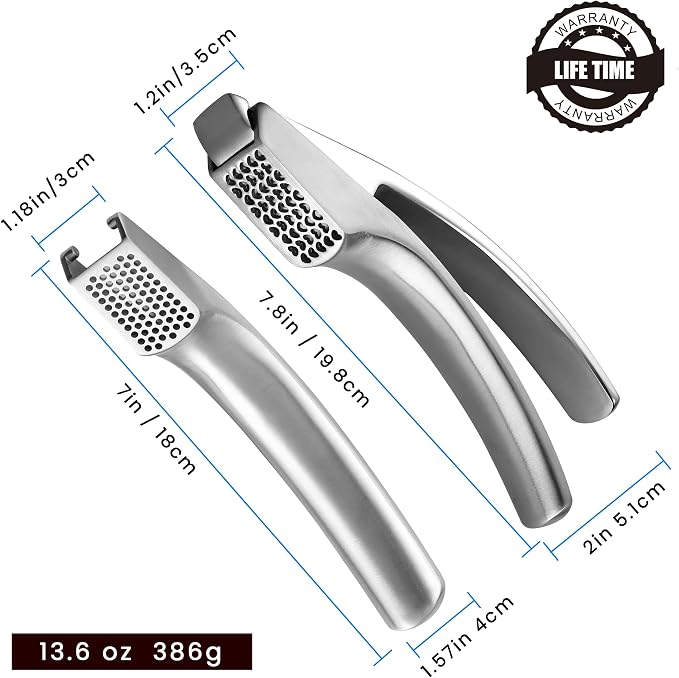 Lifetime Replacement Garlic Press Stainless Steel No Need to Peel Detachable Handles for Coarse & Fine Mincing-Premium Garlic Mincer Tool, Easy to Clean, Dishwasher Safe Garlic Crusher
