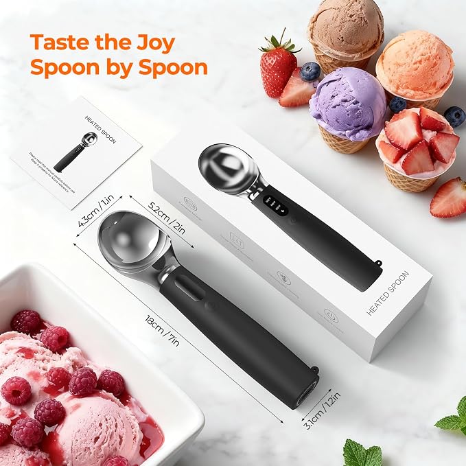 Heated Ice Cream Scoop Rechargeable, 3-Speed Electric Warming Ice Cream Scooper with LED Display, Heats to 160°F for Hard Ice Cream and More, Easy for Seniors & Kids, IP67 Waterproof, Easy to Clean