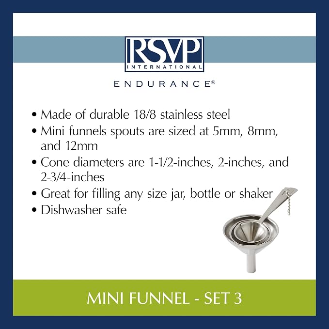 RSVP International Endurance Collection Kitchen Spice Jar/Oil Bottle Funnel, Stainless Steel and Dishwasher Safe, Mini Set, Various Sizes