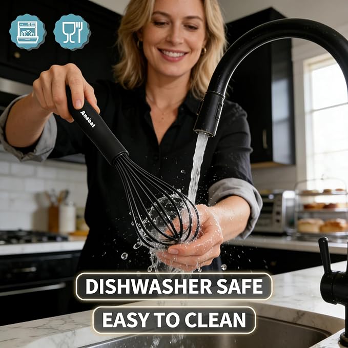 Anaeat Silicone Kitchen Whisk Set of 4, Perfect for Non-Stick Cookware, Egg Beater Milk Blender for Whisking, Cooking, Baking, Beating - 11'' Flat Whisk and 9''+11''+12'' Balloon Whisks (Black)