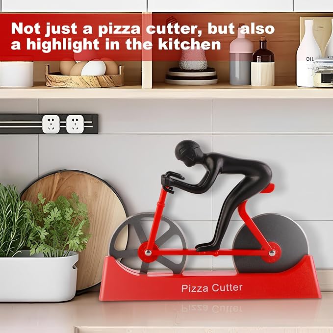 Bike Pizza Cutter,Bicycle Pizza Slicer,Stainless Steel Pizza Cutter Wheels with Stand,Unique Kitchen Gadget,Gifts for Cyclists Men,Cool Men’s Gift