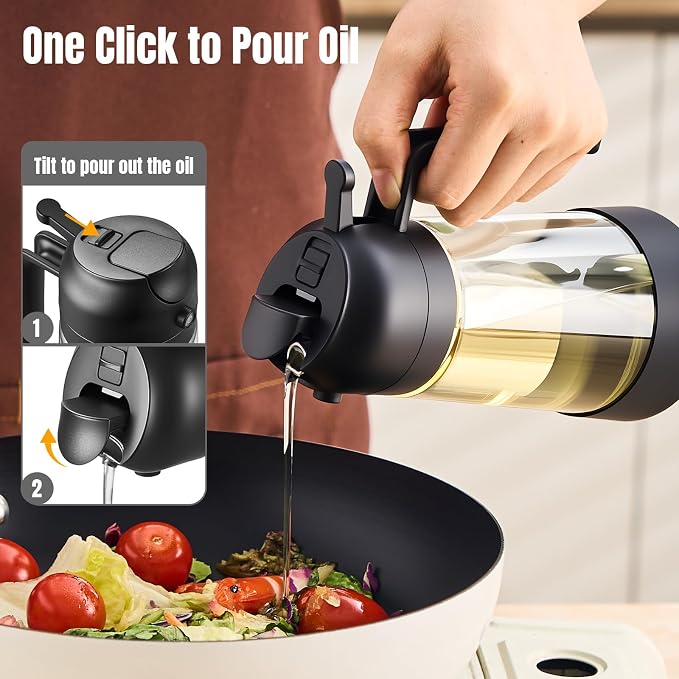 PARACITY Oil Sprayer for Cooking 2 Pack, Glass Dispenser, Black, 16 oz | Silicone-base oil dispenser bottle offers even mist or controlled pour; wide mouth for frying, baking and salad dressing.
