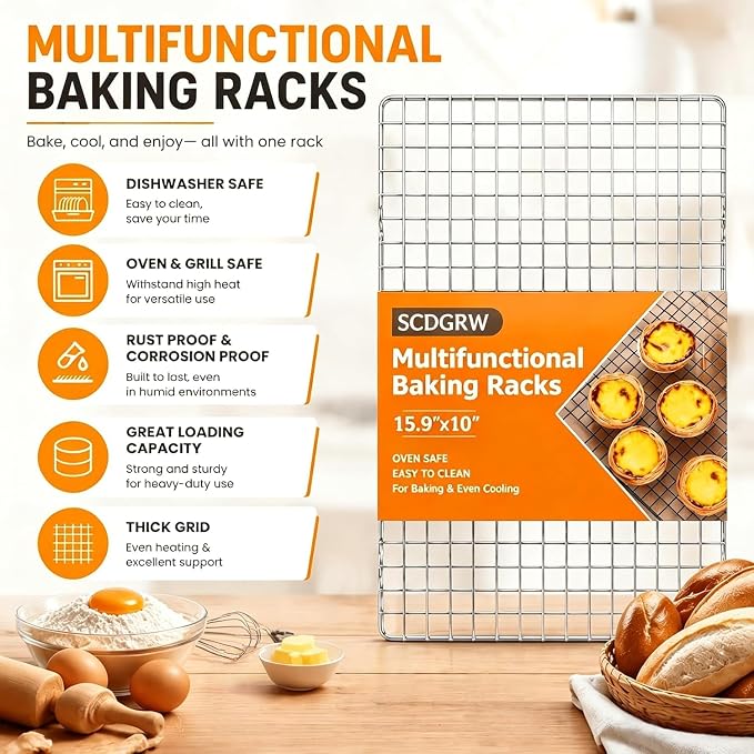 Cooling Rack Set of 1, 10" x 16" No Warp Heavy Duty Stainless Steel Baking Rack - Fits Half Sheet Pan, Oven Safe 575°F,for Baking, Roasting & Dehydrating, Dishwasher Safe