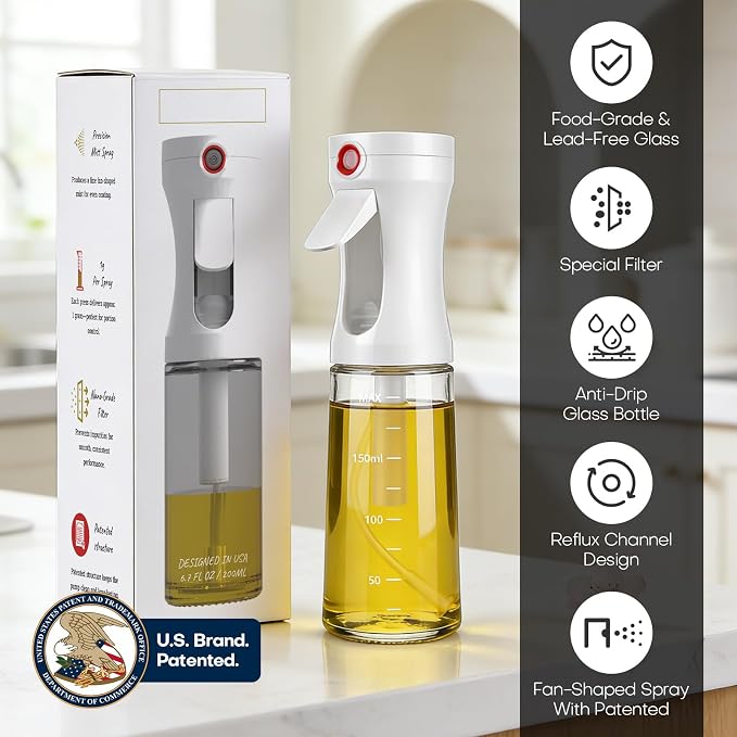Oil Sprayer for Cooking,Glass Olive Oil Mister Spray Bottle,1g Per Press Portion Control,Patented Wide Fan Mist,Anti-Clog Filter–Reusable Oil Spritzer Dispenser for Air Fryer,Salad, BBQ, Grilling
