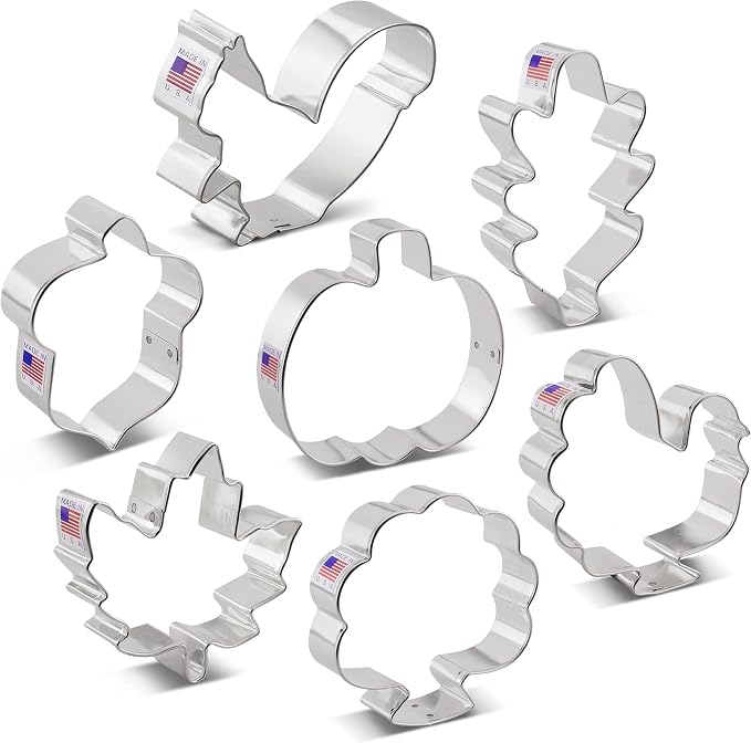 Ann Clark Fall and Thanksgiving Cookie Cutters 7-Pc Set (Pumpkin, Maple and Oak Leaf, Turkey, Squirrel, Acorn) Made in USA