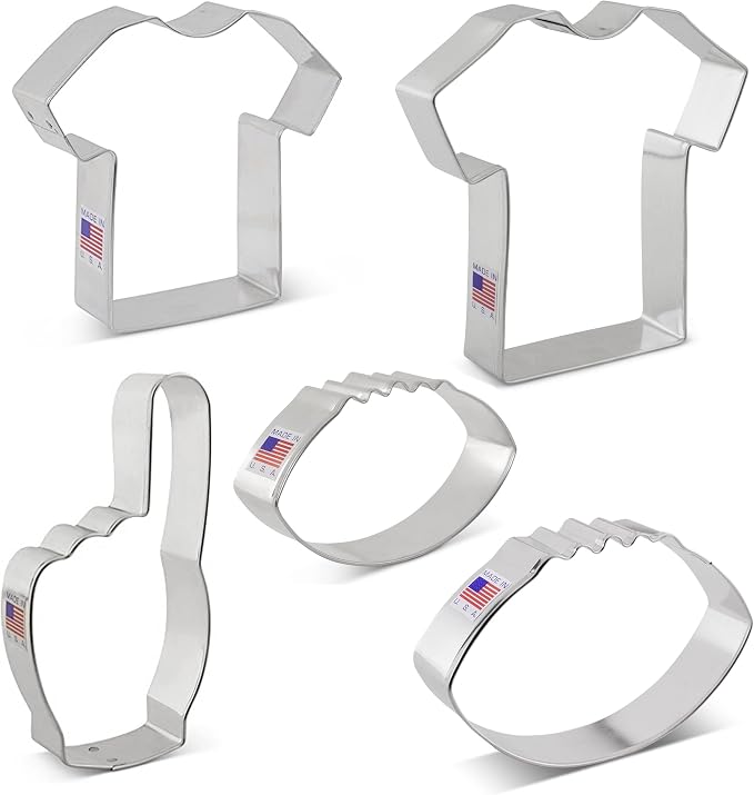 Ann Clark Football Cookie Cutters 5-Pc. Set (Fan Hand, Large Football, Small Football, Large T-shirt/Jersey, Small T-shirt/Jersey) Made in USA