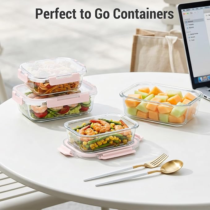 Dealusy 10 Sets 36 oz & 12 oz Glass Food Storage Containers with lids, Pink | 20-Piece Airtight Leak-proof Glass Meal Prep Containers with Lids, Microwave Oven Freezer Dishwasher Safe