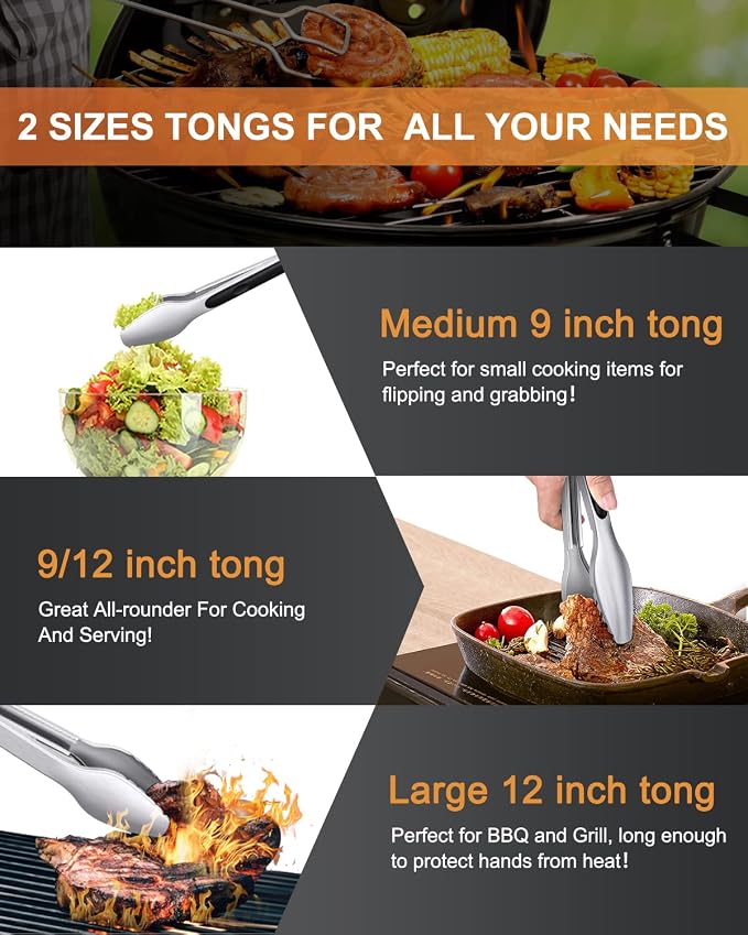 Kitchen Tongs with Teeth for Strong Gripping, 9 and 12-Inch, Black | 5-Layer Heavy Duty Stainless Steel, Good Gripping Teeth Prevent Loss of Food Into The Pot, Pull Lock, Dishwasher Safe, 1500 ℉