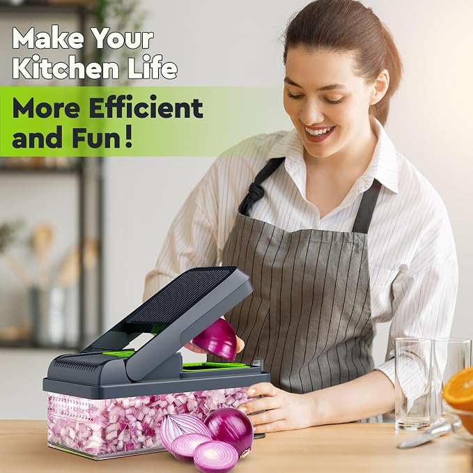MealHelper 15-in-1 Vegetable Chopper, 10 Blade Veggie Chopper, Practical Food Chopper with Container, Cheese Grater, Home Essentials & Kitchen Gadgets(Green)