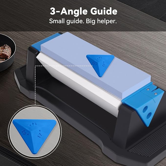 Knife Sharpening Stone,tri stone knife sharpener,3 Sides Grit 400/1000/5000,Whetstone Knife Sharpener with Non-Slip Base, Angle Guide & Leather Strop, for Kitchen Knives and Pocket Knives