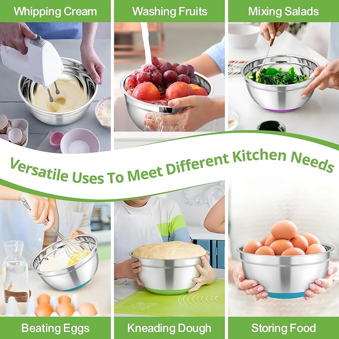 TeamFar Mixing Bowls, 5PCS Stainless Steel Serving Salad Bowls with Lids, For Kitchen Mixing/Baking/Storing/Prepping, Visible & Airtight, Non-Slip Bottom - 4.6/3.5/1.5/1 / 0.7 QT, Multi-color