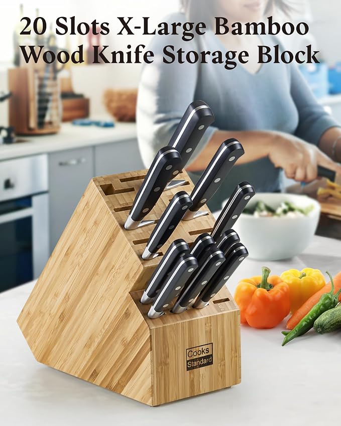 Cooks Standard Classic Bamboo Cutlery Block Holder without Knives, X-Large Universal Countertop Butcher Block Kitchen Knife Stand for Easy Kitchen Storage, Made of Natural Bamboo, 20 Slot