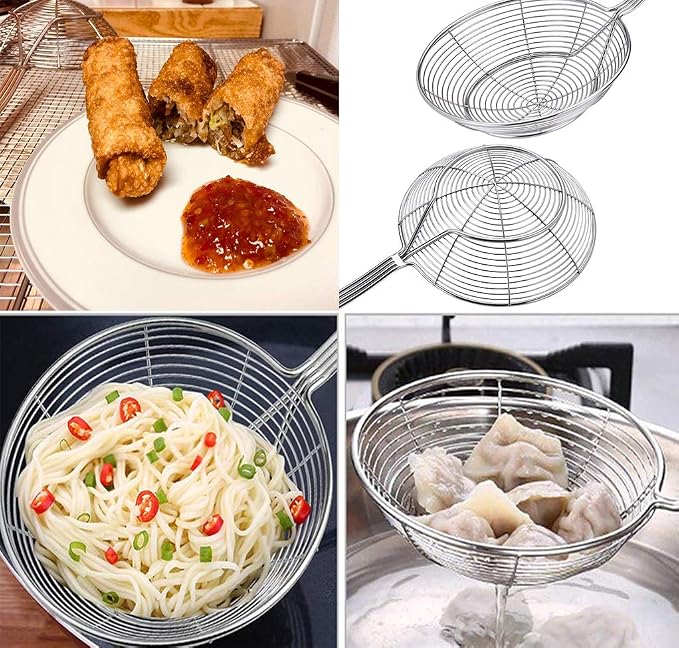 Spider Strainer Skimmer Ladle Spoon colander Stainless Steel Solid rust proof Skimmer Basket with Non Slip Long Handle for Kitchen Frying Food Noodle kitchen Cooking Tools