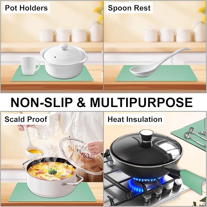2 Pack 9.5"x14.2" Trivets for Hot Dishes, Hot Pads for Kitchen, Silicone Trivets for Hot Pots and Pans, Hot Plates to Protect Table, Heat Resistant Silicone Trivet Grey (Pea Green, 9.5"x14.2")