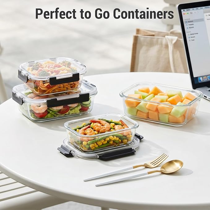 10 Sets 36 oz & 12 oz Glass Food Storage Containers with lids, Black | 20-Piece Airtight Leak-proof Glass Meal Prep Containers with Lids, Microwave Oven Freezer Dishwasher Safe