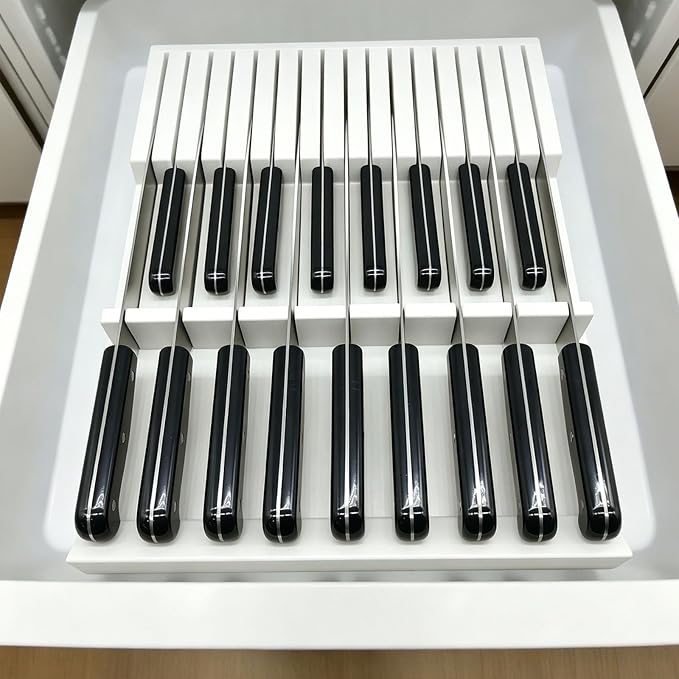 White Painted Bamboo In-Drawer Knife Block, 17 Slot Large Capacity Knife Organizer, Upper and Lower Kitchen Steak Knife Storage Rack - Holds 8 Short Knives + 9 Long Knives
