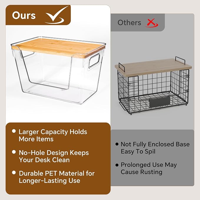 3 Set Pantry Organizers and Storage with Bamboo Lids, Stackable Clear Bins for Onion, Potato, Fruit, Vegetables, Trash Bag Dispenser, Kitchen and Under Sink Organizer