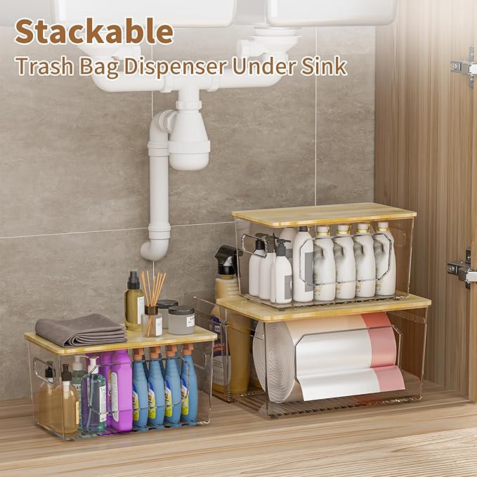 spospo Trash Bag Holder 2-in-1 Under Sink Organizer with Bamboo Lid | Acrylic Trash Bag Dispenser with Pull-Out Basket for Cleaning Supplies, Garbage Bag Holder for Kitchen Laundry Room Storage