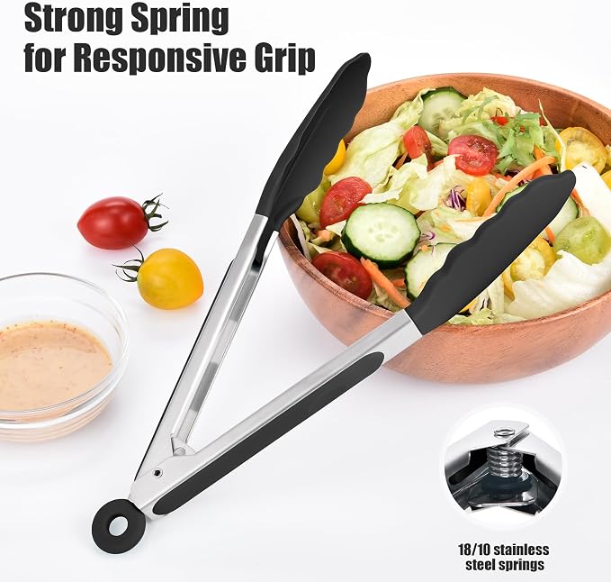 Doosu Kitchen Tongs for Cooking - 600°F Heat Resistant Food Tong Set with Non-Scratch Silicone Tips, Heavy Duty Stainless Steel Locking Tong for BBQ, Grilling Steak, Serving Salad (9+12in, Black)
