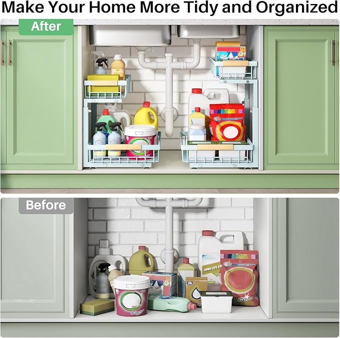 Kitstorack Under Sink Organizer, 2 Tier Under the Sink Storage, Slide out Pull out Cabinet Organizer Shelf, Metal Sliding Drawer for Kitchen Bathroom Pantry Closet Organization Rack, Blue, 2 Pack