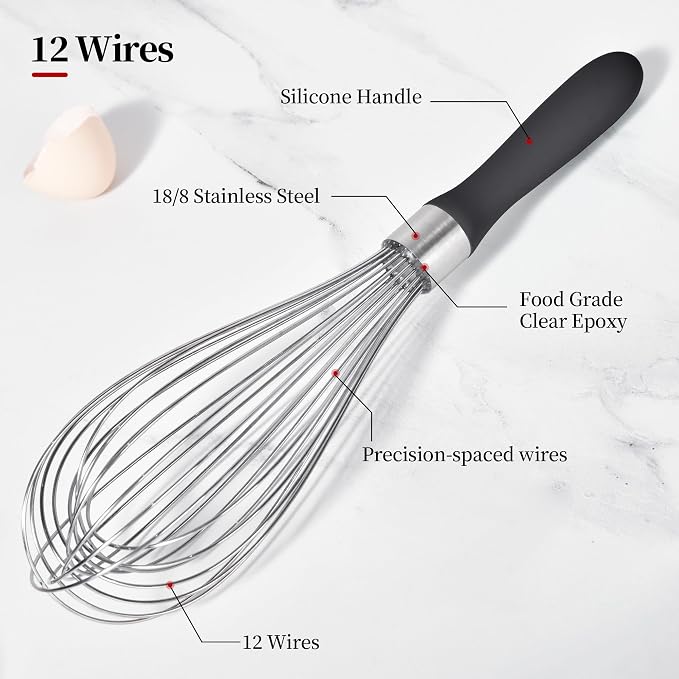 18/8 Stainless Steel Balloon Whisk for Cooking (Large, Black) | Heavy Duty Metal Kitchen Wire Whisker Wisking Tool Egg Beater Hand Mixer for Mixing Baking Beating Stirring Sauce Flour