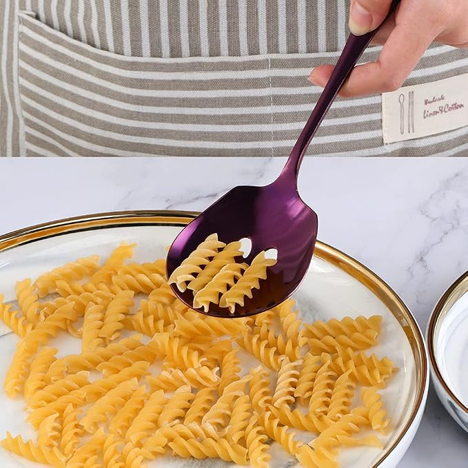 Meisha Serving Spoons Set, 3 Serving Spoons and 3 Slotted Serving Spoons, Purple Stainless Steel Serving Utensils for Buffet Can Banquet Cooking Kitchen - Mirror Polished