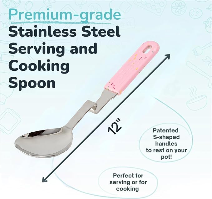 Souper Cubes + Lori Greiner No Mess Stainless Steel Cooking Spoon with Silicone Handle - Stainless Steel Serving Spoon No Mess Design Hooks on Side of Any Pot - Cotton Candy