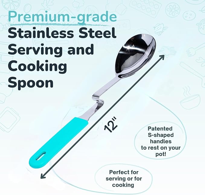 Souper Cubes + Lori Greiner No Mess Stainless Steel Cooking Spoon with Silicone Handle - Stainless Steel Serving Spoon No Mess Design Hooks on Side of Any Pot - Aqua